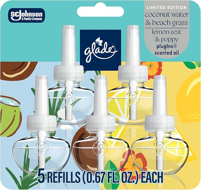 Glade PlugIns Refills Air Freshener, Coconut Water & Beach Grass and Lemon Zest & Poppy, Scented and Essential Oils for Home and Bathroom, 0.67 Fl Oz, 5 Count