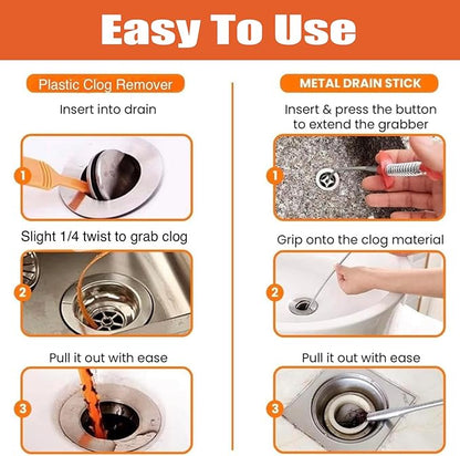 Drain Snake Hair Clog Remover – 20 Inch Plastic Sink Unclogger & Stainless Steel Claw - Drain Cleaner Tool for Kitchen, Bathroom, Tub Toilet Orange (3+1), Plungers for Clearing Blocked Drains