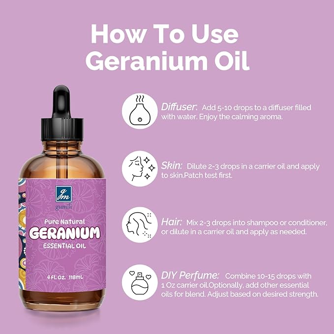 GM Gumili Geranium Essential Oil 4 Oz, 100% Pure Geranium Oil for Diffuser, Skin, Hair, Face, Soap & Candle Making, Aromatherapy & Massage