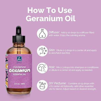 GM Gumili Geranium Essential Oil 4 Oz, 100% Pure Geranium Oil for Diffuser, Skin, Hair, Face, Soap & Candle Making, Aromatherapy & Massage