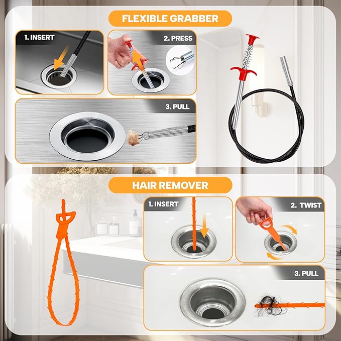Drain Auger 33 ft, Plumbing Snake Hair Clog Remover Drain Snake Flexible Grabber Heavy Duty Sink Cleaner Tools for Shower Bathtub Bathroom Kitchen Pipe, Red