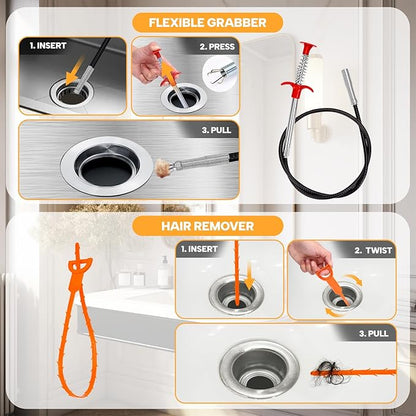 Drain Auger 33 ft, Plumbing Snake Hair Clog Remover Drain Snake Flexible Grabber Heavy Duty Sink Cleaner Tools for Shower Bathtub Bathroom Kitchen Pipe, Red