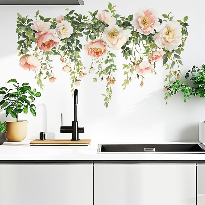 Flower Wall Stickers Vinyl Wall Decals Peel and Stick Rose Wall Murals Art Decor Wallpaper for Girls Bedroom Living Room Kitchen Tv Background