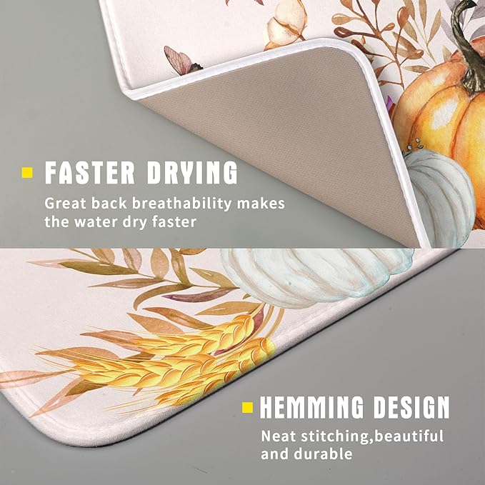 Fall Pumpkin Maple Dish Drying Mat for Kitchen Counter,Autumn Butterflies Harvest Drying Mat 16 x 18 Inch with Absorbent Reversible Microfiber Dish Drying Pad Dish Rack Drainer Mat for Coffee Bar