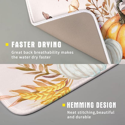 Fall Pumpkin Maple Dish Drying Mat for Kitchen Counter,Autumn Butterflies Harvest Drying Mat 16 x 18 Inch with Absorbent Reversible Microfiber Dish Drying Pad Dish Rack Drainer Mat for Coffee Bar