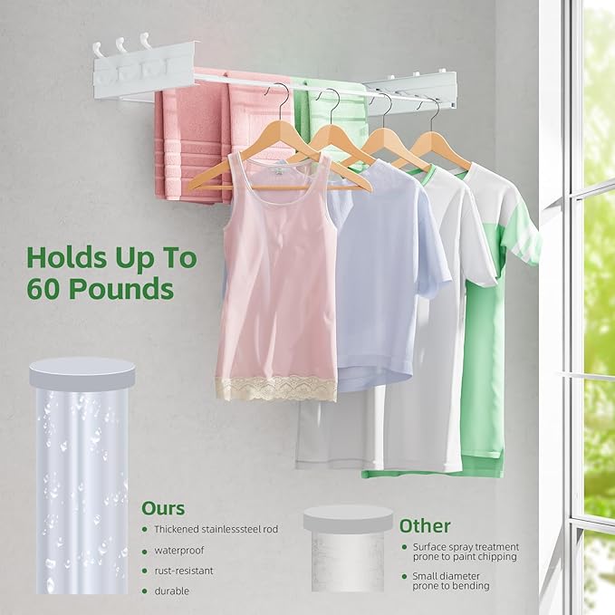 BAKON Wall-Mount-Clothes-Drying-Rack for Bathroom, Foldable-Drying-Rack-Clothing for Small Space, 31.5'' Laundry-Dry-Rack-Collapsible with 6 Hooks and 5 Poles for Living Room, Bedroom, White