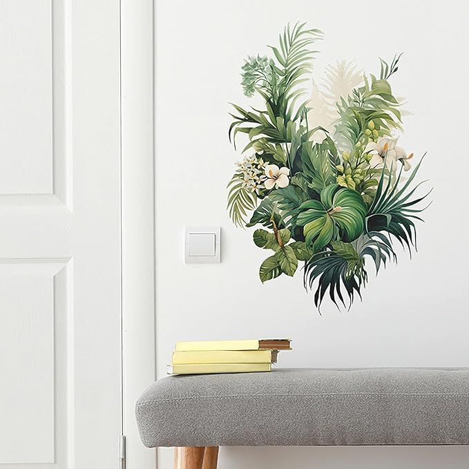 Botanical Wall Decals with Palm Leaves Lush Green Foliage White Flowers Removable Peel and Stick Wall Art 22.4x15.7 inches for Living Room Nursery Home Decor