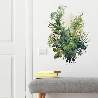 Botanical Wall Decals with Palm Leaves Lush Green Foliage White Flowers Removable Peel and Stick Wall Art 22.4x15.7 inches for Living Room Nursery Home Decor