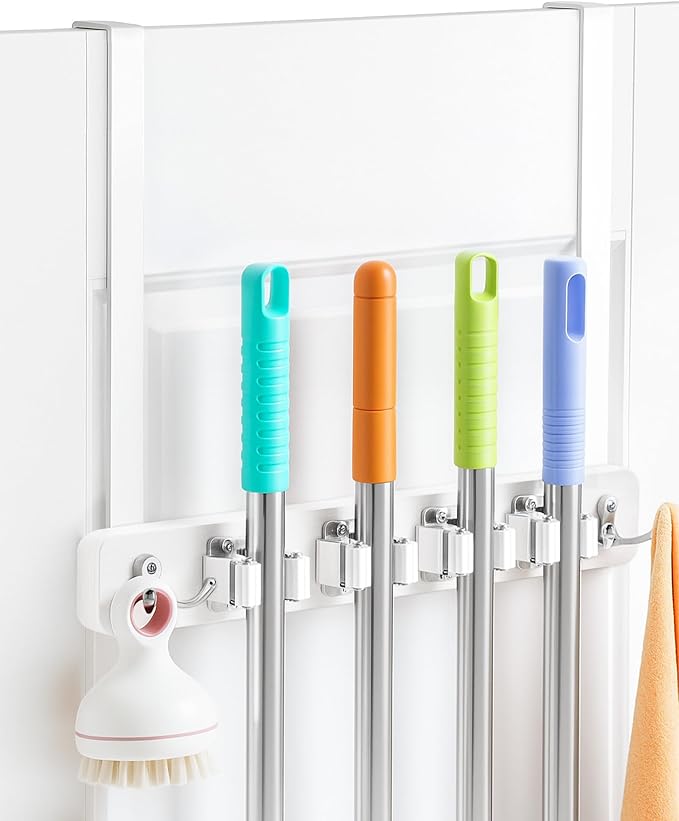 FANGSUN Broom Holder Door Mount Hanging, Over The Door Broom and Mop Organizer with 4 Slots and 4 Hooks, Wooden Tool Rack Storage Hanger for Laundry, Closet, Garage, No Drills