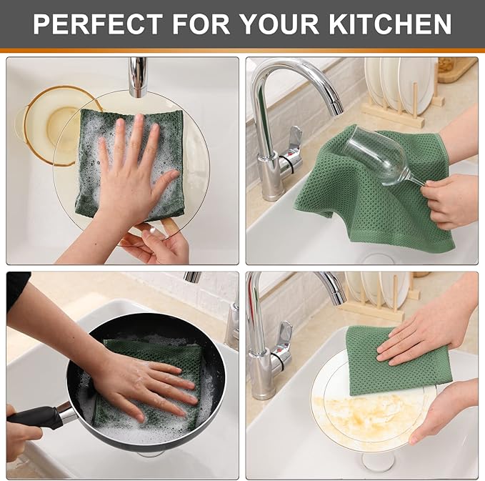 Kitinjoy 100% Cotton Kitchen Dish Cloths (12 X 12 Inches, Grass Green), 6 Pack Waffle Weave Ultra Soft Absorbent Dish Towels for Drying Dishes Quick Drying Kitchen Towels Dish Rags