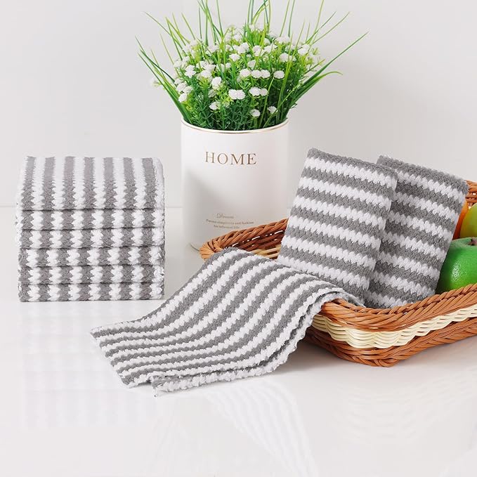 Homaxy 18 Pack Kitchen Dish Cloths, Ultra Soft and Absorbent Dish Towels, Reusable Fast Drying Microfiber Cleaning Cloth, Coral Velvet Wave Design No-lint,10 x 10 inches, Grey