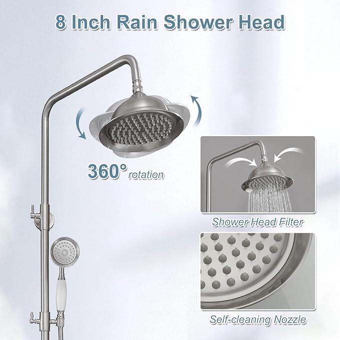 BWE Brushed Nickel Shower Faucet Set 8-Inch Rain Shower Head Handheld Sprayer and Rotatable Tub Spout Triple Function Wall Mount Shower Fixture Combo System Stainless Steel