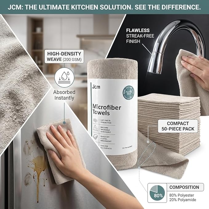Super Eco Clean Microfiber Towel Roll 50 Tear-Away Reusable Sheets | Microfiber Cloths on a Roll for Kitchen, Car Detailing & House Cleaning | Eco-Friendly Paper Towel Alternative