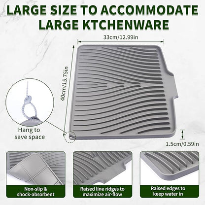 Silicone Dish Drying Mat 16x13 Multiple Usage,Easy clean,Eco-friendly,Heat-resistant Silicone Mat Dish Drying Mats For Kitchen Counter or Sink,Refrigerator or Drawer liner Grey 16inchx13inch