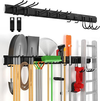 64" Ailadl Wall Mount Tool Storage Rack, 15 PCS Heavy Duty Steel Yard Garden Tool Organizer, Garage Tool Organizer Wall Mounted Storage System Hold Up to 550lbs, with 2 Extension Cord