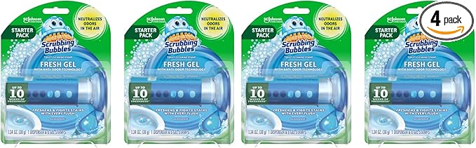 Scrubbing Bubbles Fresh Gel Toilet Bowl Cleaning Stamps, Helps Keep Toilet Clean and Helps Prevent Limescale & Rings, Rainshower Scent, 1 Dispenser with 6 Fresh Gel Stamps (Pack of 4)