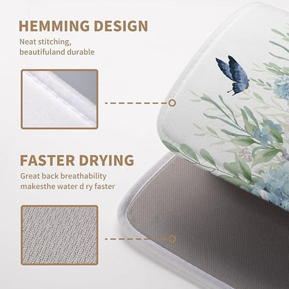Spring Flowers Dish Drying Mat for Kitchen Counter Blue Pink Hydrangea Floral Drying Mats Absorbent Reversible Microfiber Dish Draining Mat Reusable Washable Dishes Pad Medium 16"x18"