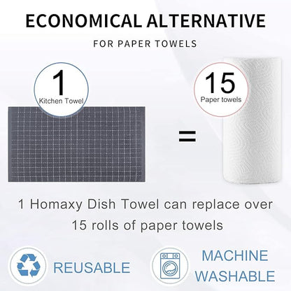 Homaxy 100% Cotton Terry Kitchen Towels(Dark Grey, 20 x 28 inches), Checkered Designed, Soft and Super Absorbent Dish Towels, Large 4 Pack
