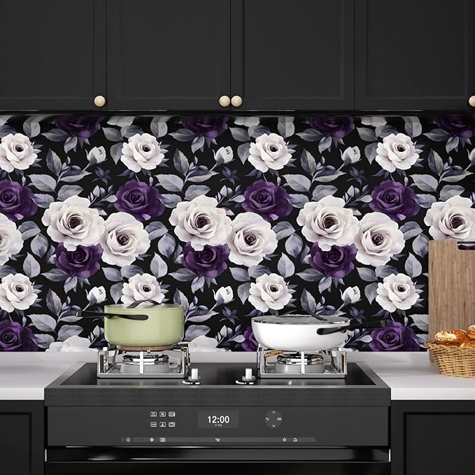 Black Foral Wallpaper Peel and Stick Purple White Rose Contact Paper 17.4" x 393", Dark Vintage Self-Adhesive Removable Flower Wall Paper for Bedroom Countertop Desk Cabinets Decor Renter Friendly