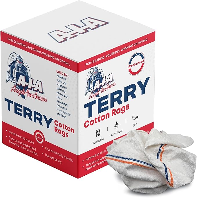 Angel-in-Armor White Striped Terry Rags (16" x 19") – 4lb Bulk Box of Cotton Cleaning Towels (22 Units) – Reusable Terry, Bar, Kitchen, Cleaning, Shop Rags – Low-Lint & Washable