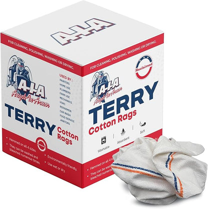 Angel-in-Armor White Striped Terry Cloth Rags (16" x 19") – 8x4lb Bulk Box of Cotton Cleaning Towels – Reusable Terry, Bar, Kitchen, Cleaning, Shop Rags – Low-Lint & Washable