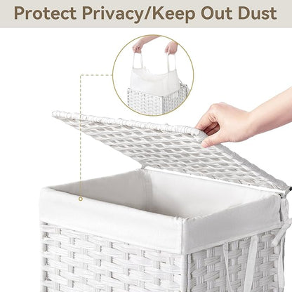 Chrislley 90L Slim Laundry Hamper with Wheels, Rolling Laundry Basket with Lid and Renovable Liner Bag, Handwoven Rattan Organizer for bedroom, bathroom, laundry room (White)