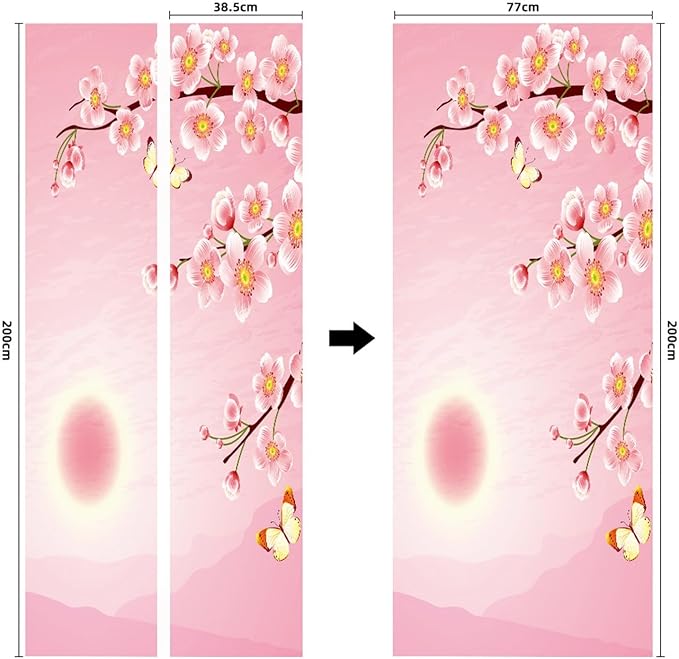 A.Monamour 3D Door Stickers for Interior Doors Cherry Blossom and Butterfly on Pink Background Vinyl Waterproof Self Adhesive Door Mural Decals for Bedroom Office Bathroom 77x200cm
