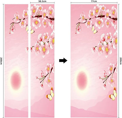 A.Monamour 3D Door Stickers for Interior Doors Cherry Blossom and Butterfly on Pink Background Vinyl Waterproof Self Adhesive Door Mural Decals for Bedroom Office Bathroom 77x200cm