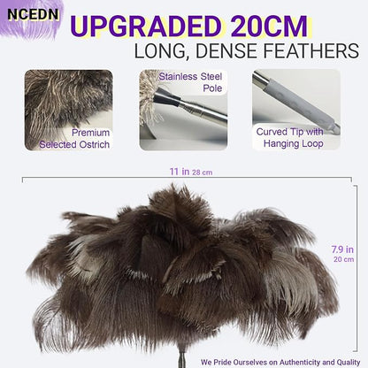 NCEDN Genuine Ostrich Feather Duster 40 Inches - Extendable Stainless Steel Handle, 8 Inches Long Thick Feathers, Telescopic Duster for Ceiling Fans, Blinds, Furniture, Car, Washable
