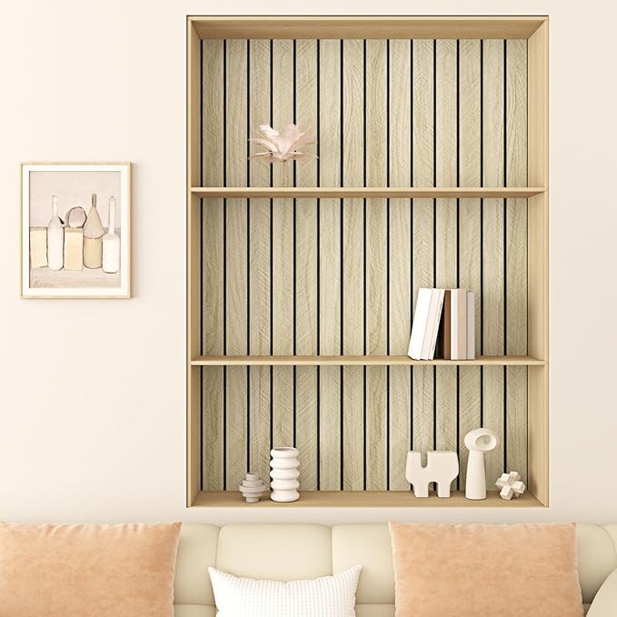 Wallercity Light Brown Wood Slat 3D Wall Panels Self Adhesive Soundproof Wooden Panel for Bedroom Living Room Peel and Stick Wood Paneling for Interior Decor Waterproof Acoustic Fence 11.7''x197''