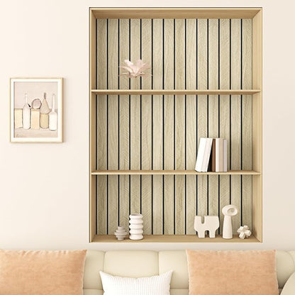 Wallercity Light Brown Wood Slat 3D Wall Panels Self Adhesive Soundproof Wooden Panel for Bedroom Living Room Peel and Stick Wood Paneling for Interior Decor Waterproof Acoustic Fence 11.7''x197''
