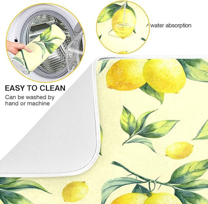 Super Absorbent Dish Drying Mat, Microfiber Fast-Drying Dish Mat, 24" x 18", Kitchen Dish Drying Pad, Vintage Yellow Lemon With Leaves
