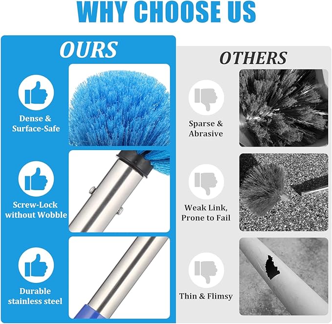 Cobweb Duster with Extension Pole - 10 FT Lightweight Stainless Steel Extendable Duster Ceiling Fan Duster for High Ceilings, Medium Stiff PET Bristle Spider Web Brush for Indoor/Outdoor Cleaning