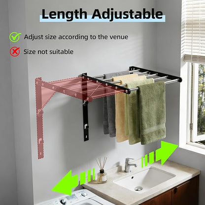 Wall Mounted Drying Rack for Laundry, 13”-23” Retractable Clothes Drying Rack, Drying Rack Clothing with 5 Smooth Round Stainless Steel Rods, Space Saving for Bathroom, Laundry Room, Apartments, Black