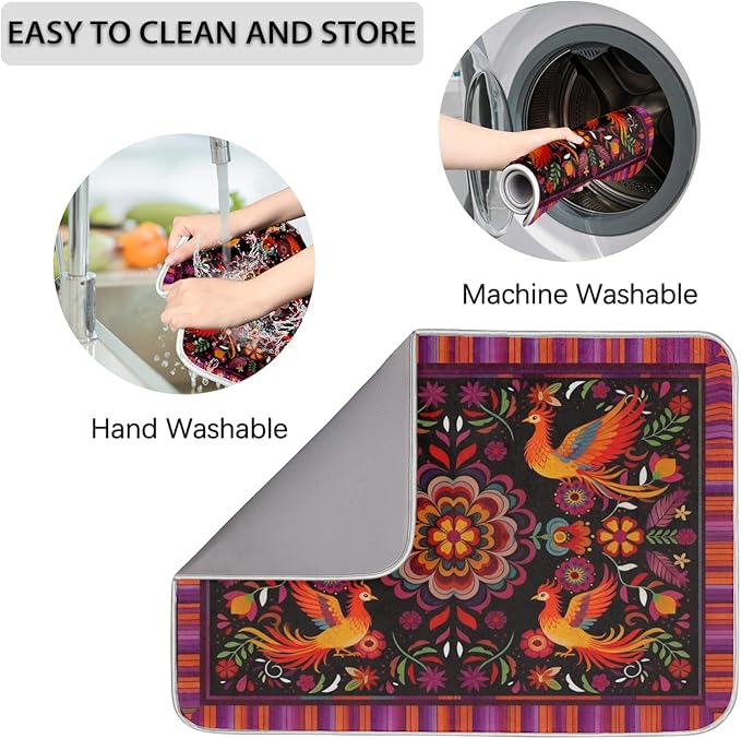 Dish Drying Mats with Hanging Loop for Kitchen Counter - Super Absorbent & Microfiber Sink Dry Mat with Mexican Flower, Non-Slip Backing, Dishes, Sink, Countertop Protection 18"x24"