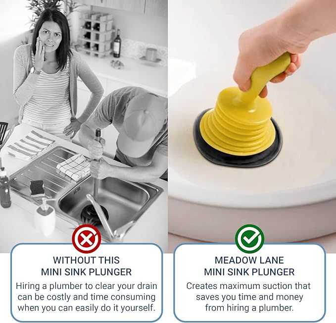 Meadow Lane Small 7" Sink Plunger - Mini Clog Remover for Kitchen & Bathroom Sink Drains - Hand Ergonomic, Space-Saving & Powerful Suction - Universal Fit for Home or Commercial Use, Yellow