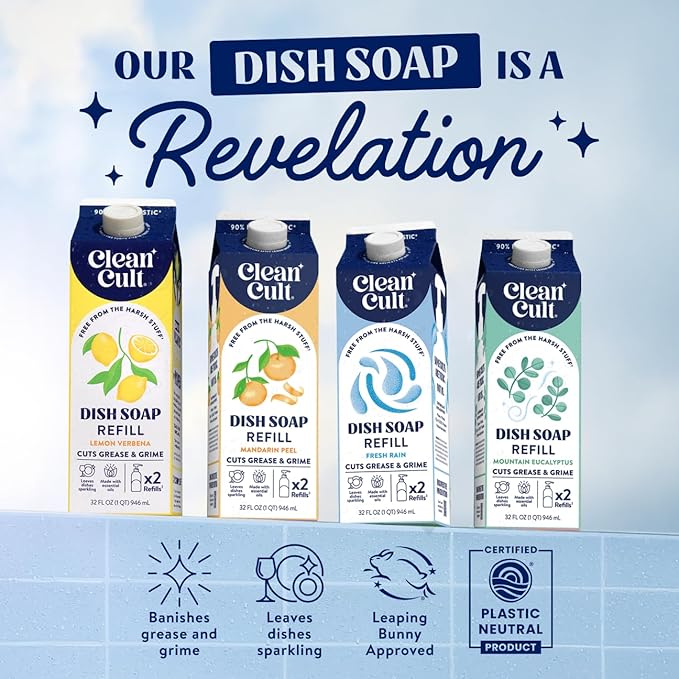 Cleancult Dish Soap Liquid Refills - Plant Based Cleaning Power - Cuts Grease & Grime - Free of Harsh Chemicals - Uses 90% Less Plastic - Mandarin Peel - 32 oz/3 Pack