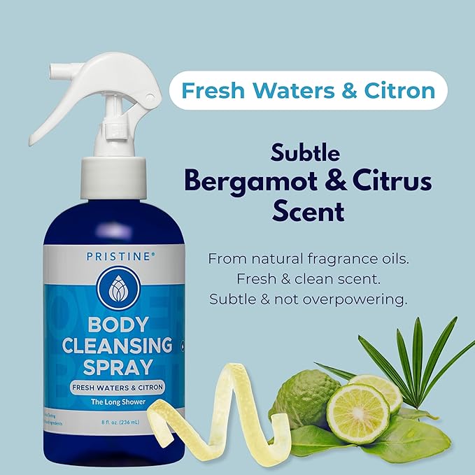 PRISTINE Body Cleansing Spray, No Rinse Waterless Body Wash Spray for Women & Men, Post Workout and Shower Alternative, Dry Shower for Camping, Travel and Elderly Care, Fresh Waters & Citron