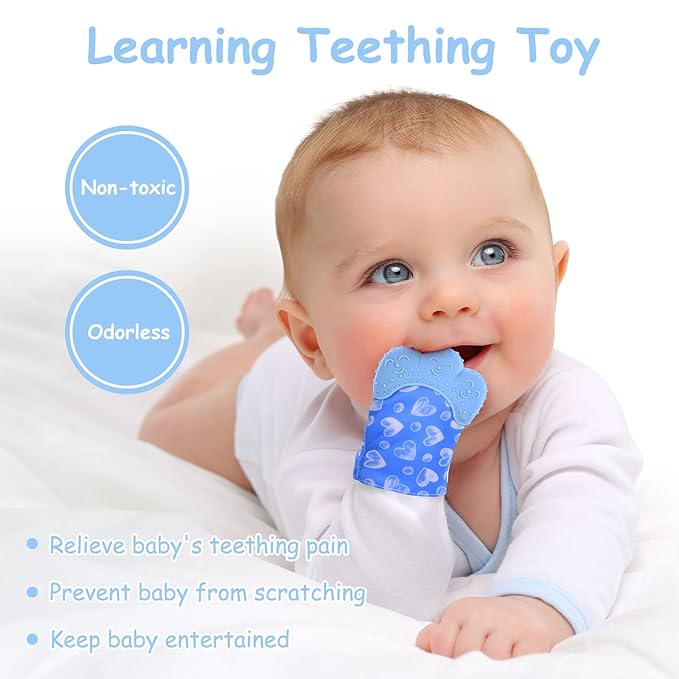 2Pack Silicone Teething Mitt, Soothing Infant Teething Mitten Pain Relief, Prevent Scratches Glove, Safe Silicone Teething Toys for 0-12 Months Blue Heart