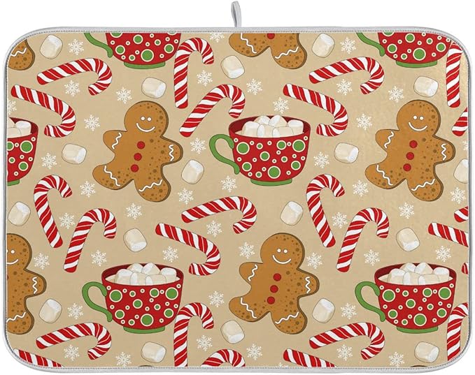 Christmas Gingerbread Man Candy Cane Dish Drying Mat for Kitchen Winter Snow Snowflake Snowman Xmas Microfiber Drying Mats Absorbent Reversible Dish Pad Medium Dish Draining Mat 16x18 inch