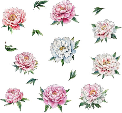 Peony Flower Wall Decal Pink Flower Plant Wall Stickers Natural Theme Peel and Stick Decor Suitable for Living Room Bedroom (Peony Flower)