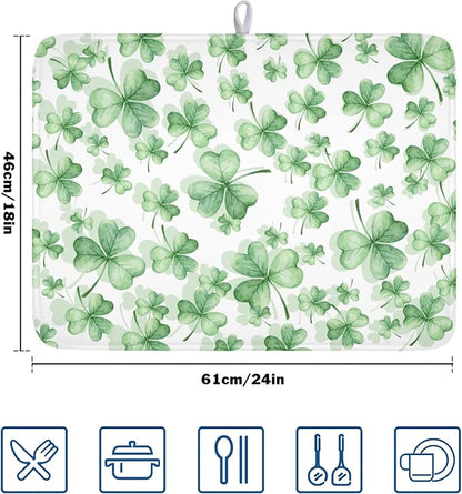 St Patrick's Day Dish Drying Mat for Kitchen Counter,Green Lucky Charm Shamrocks Drying Mat 18 x 24 Inch with High Absorbent Microfiber Drainer Mat for Coffee Bar