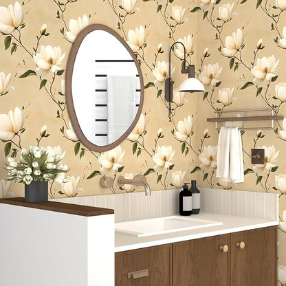 Vintage Floral Peel and Stick Wallpaper Khaki White Flowers Contact Paper 17.5"X118" Vinyl Waterproof Self Adhesive Removable Boho Modern Green Leaf Wall Paper for Cabinets Bathroom Walls Bookcase