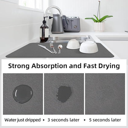 LOPNUR Kitchen Dish Drying Mat, 31.5"x17" Extra Large Dish Drying Mats for Kitchen Counter, Diatomite Coffee Mat, Super Absorbent Dish Drying Pad, Heat Resistant Mat with Anti-slip Rubber Backed, Grey