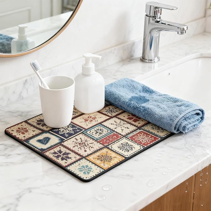 Dish Drying Mat,Retro Quick Drying Water Draining Mat for Kitchen Bar Countertop, Fast Water Absorption Hide Stains Easy to Clean Fit Coffee Bar Accessories Bar Mats for Countertop