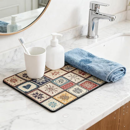 Dish Drying Mat,Retro Quick Drying Water Draining Mat for Kitchen Bar Countertop, Fast Water Absorption Hide Stains Easy to Clean Fit Coffee Bar Accessories Bar Mats for Countertop