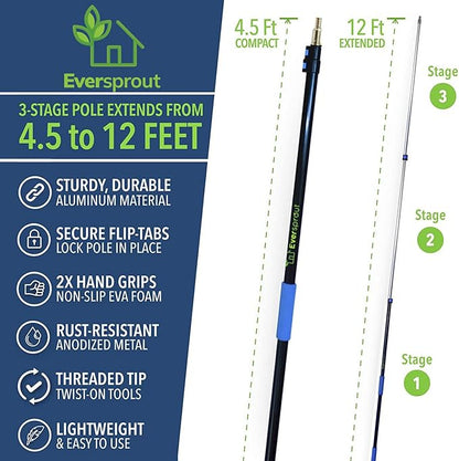 EVERSPROUT 5-to-12 Foot Duster 3-Pack with Extension-Pole (20+ Foot Reach) | Hand-packaged Cobweb Duster, Microfiber Feather Duster, Flexible Microfiber Ceiling & Fan Duster | Aluminum Telescopic Pole