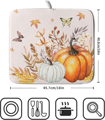 Fall Pumpkin Maple Dish Drying Mat for Kitchen Counter,Autumn Butterflies Harvest Drying Mat 16 x 18 Inch with Absorbent Reversible Microfiber Dish Drying Pad Dish Rack Drainer Mat for Coffee Bar