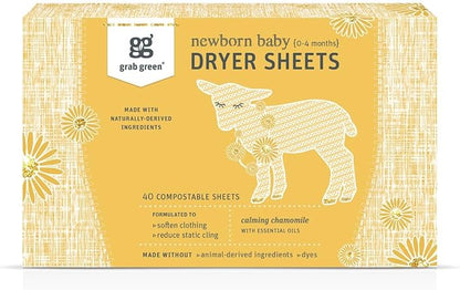 Grab Green Newborn Baby Dryer Sheets - Natural Scent Booster and Fabric Softener to Reduce Wrinkles and Static (Calming Chamomile Scent, 40 Sheets Total)