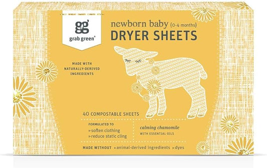 Grab Green Newborn Baby Dryer Sheets - Natural Scent Booster and Fabric Softener to Reduce Wrinkles and Static (Calming Chamomile Scent, 40 Sheets Total)